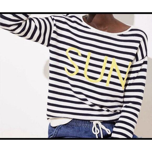 Loft Sweater Size M Black White Stripe Sun Spellout Yellow Long Sleeves … - Picture 1 of 7